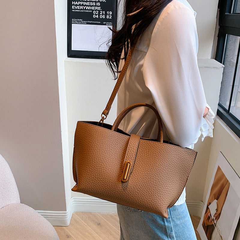 INS Litchi Pattern Shoulder Bag Fashion Zipper Bucket Bag High Capacity Totes Handbag For Women - Muselune