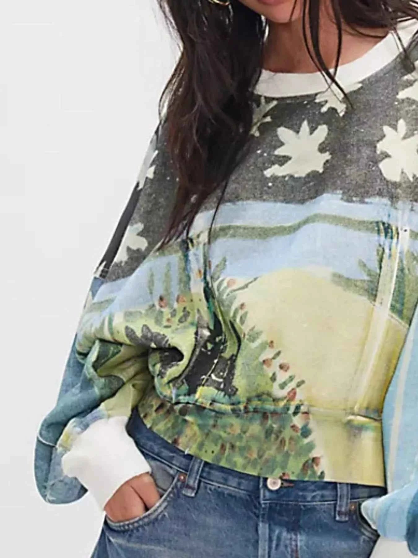 Printed Round Neck Dropped Shoulder Sweatshirt