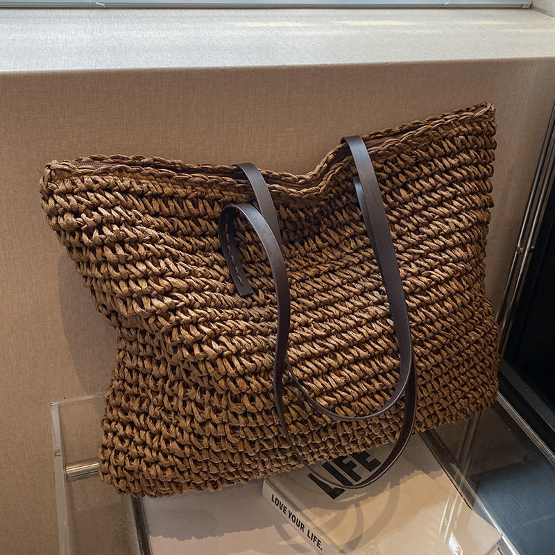 Large Capacity Woven With Zipper Beach Shoulder Bag - Muselune