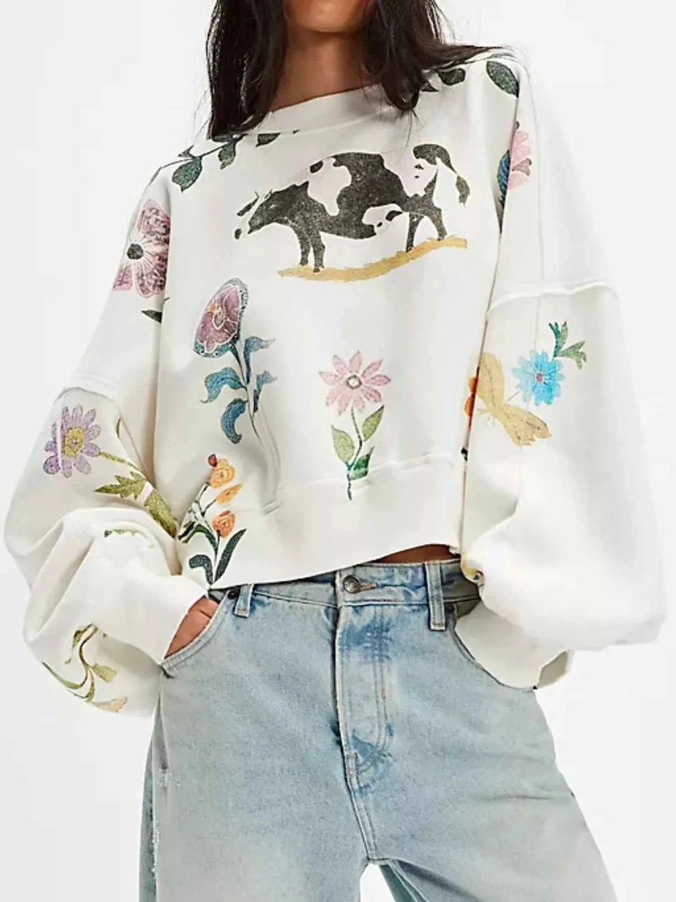 Printed Round Neck Dropped Shoulder Sweatshirt