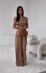 Sleeveless Slim Top And Straight Pants Solid Trouser Suit - Muselune