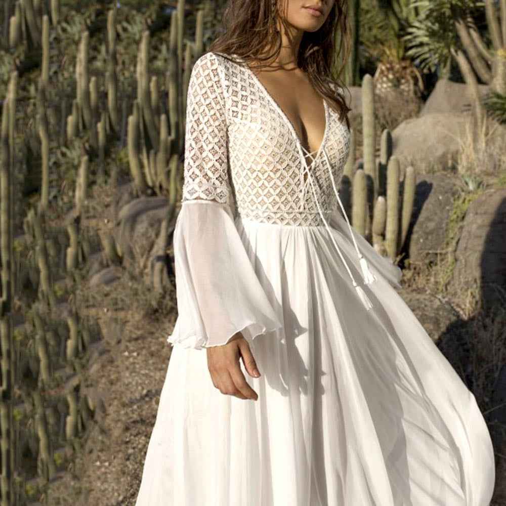 Bohemian chiffon stitching lace deep V-neck waist net dress & coverup - Muselune