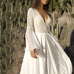 Bohemian chiffon stitching lace deep V-neck waist net dress & coverup - Muselune