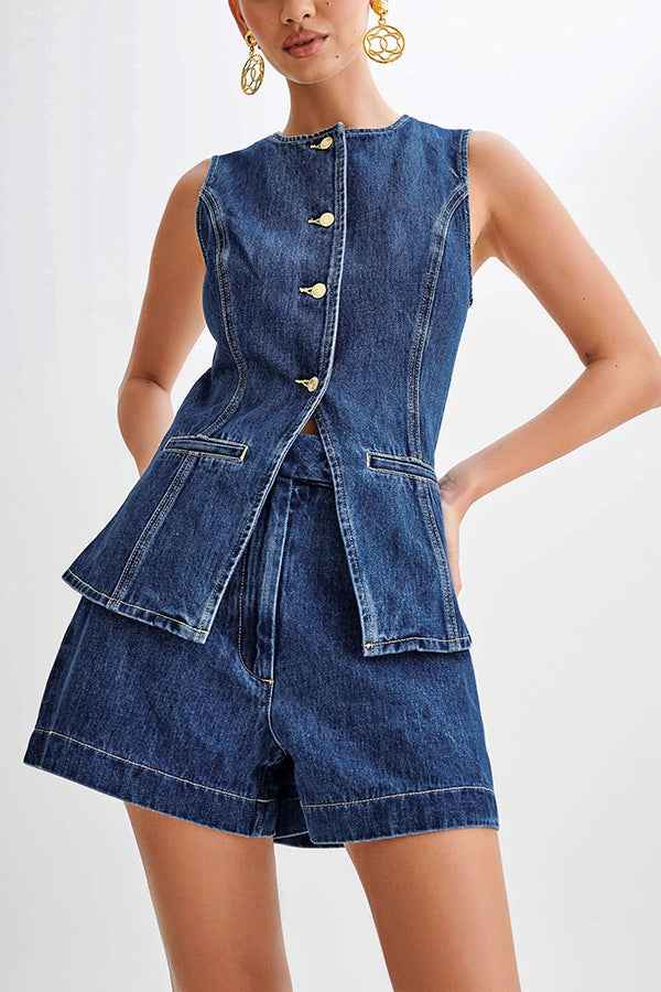 Denim Sleeveless Casual Suit: Stylish Top and Pants Set