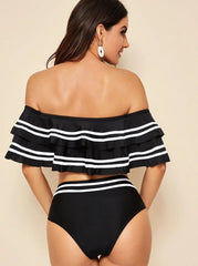 Black Striped Bikini Set – Sexy Off-Shoulder - Muselune