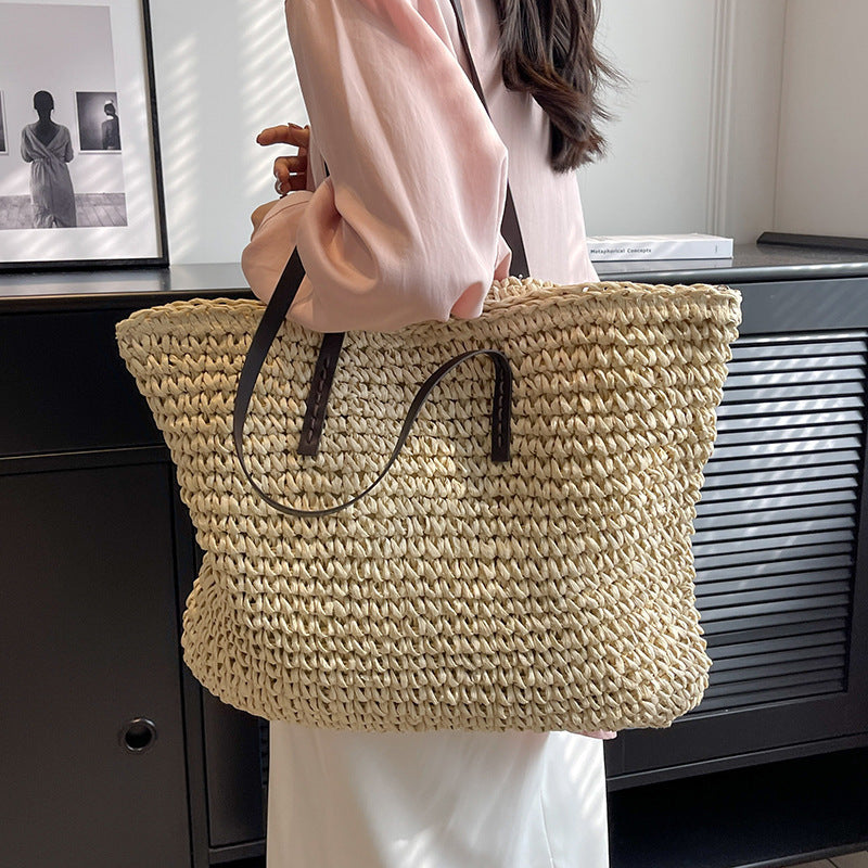 Large Capacity Woven With Zipper Beach Shoulder Bag - Muselune