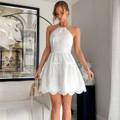 Lace Patchwork High Waist A- Line White Dresses - Muselune