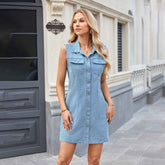 Sleeveless Denim Button Dress – Casual Summer Style with Pockets - Muselune