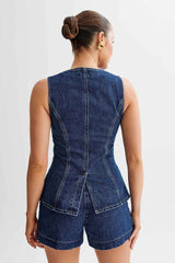 Denim Sleeveless Casual Suit: Stylish Top and Pants Set