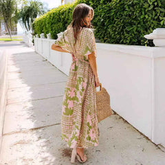 High Waist Batwing-Sleeve V-neck Printed Wear Dresses - Muselune