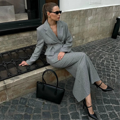 Elegant Ruffle Breasted Long Sleeve Coat & Skirt Suit - Muselune