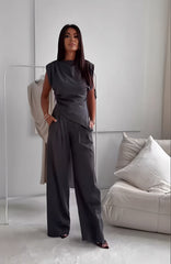 Sleeveless Slim Top And Straight Pants Solid Trouser Suit - Muselune