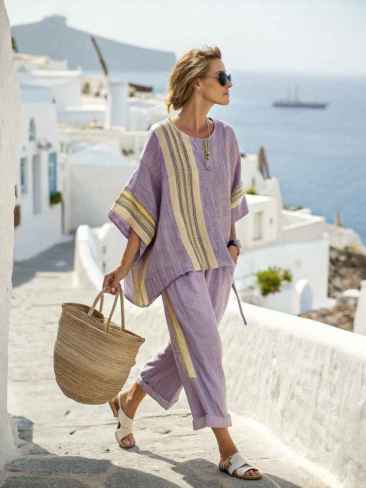 Striped Batwing Sleeve T-shirt and Pants Suit