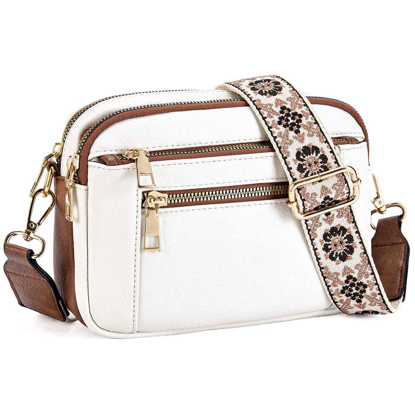 Triple-Zip Crossbody – Floral Strap & Colorblock Style - Muselune