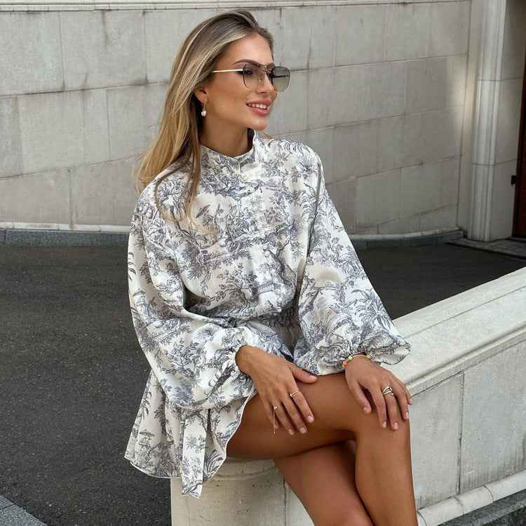Ink Print A-Line Sleeve Short Dress - Muselune