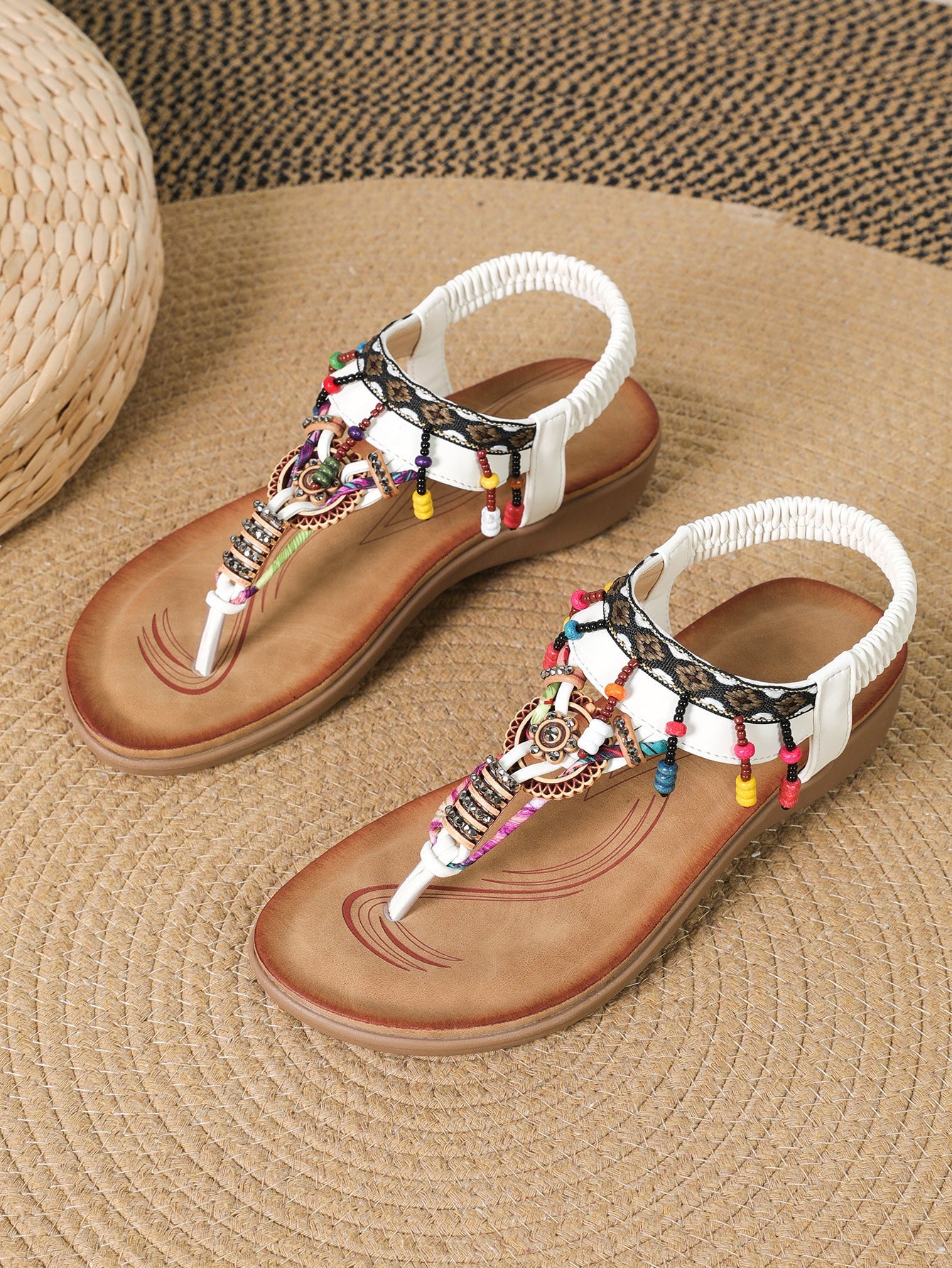 Boho Ethnic Flat Sandals – Pendant Accent Flip-Flops - Muselune