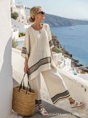 Striped Batwing Sleeve T-shirt and Pants Suit