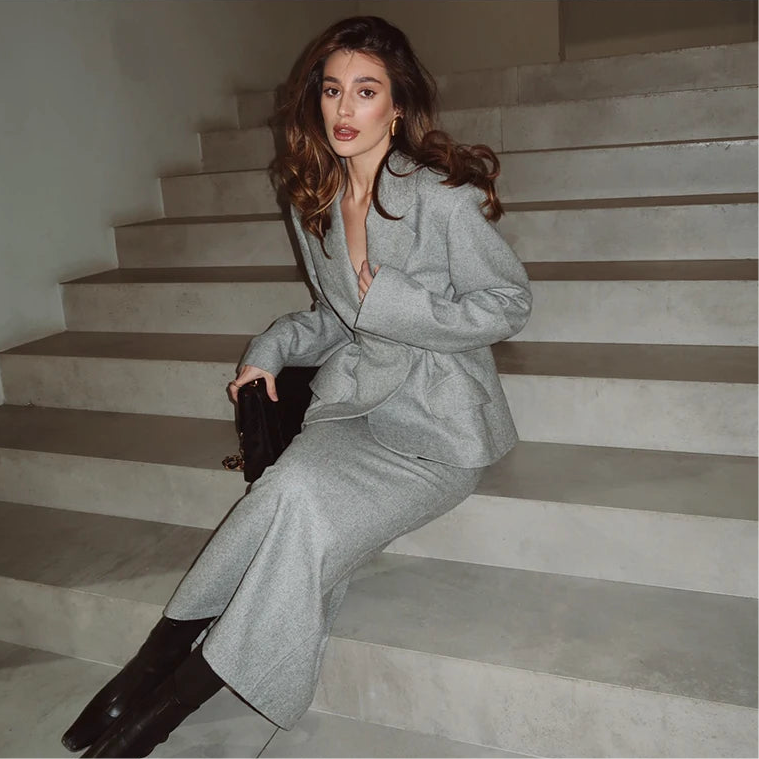 Elegant Ruffle Breasted Long Sleeve Coat & Skirt Suit - Muselune