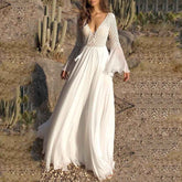 Bohemian chiffon stitching lace deep V-neck waist net dress & coverup - Muselune