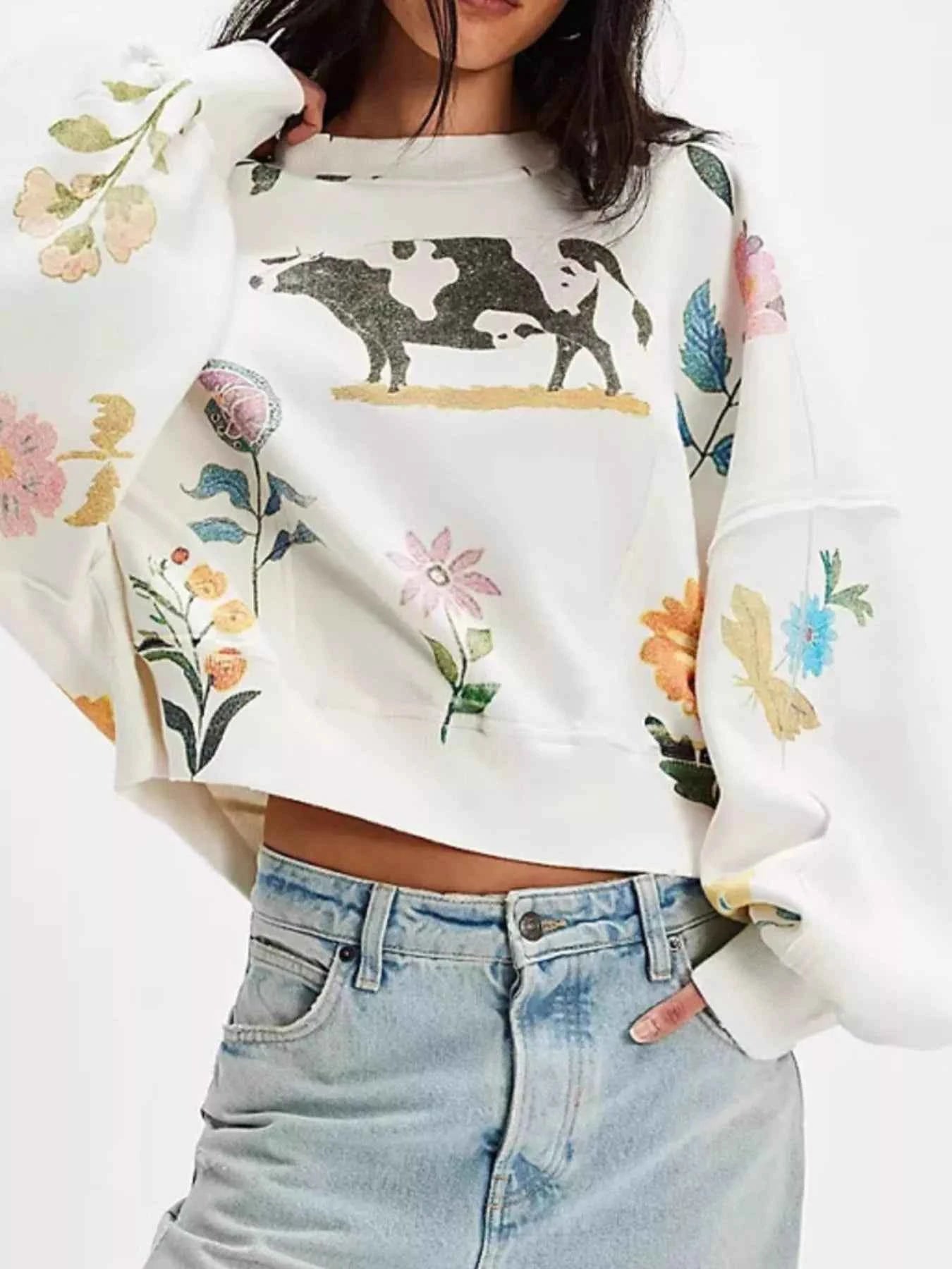 Printed Round Neck Dropped Shoulder Sweatshirt