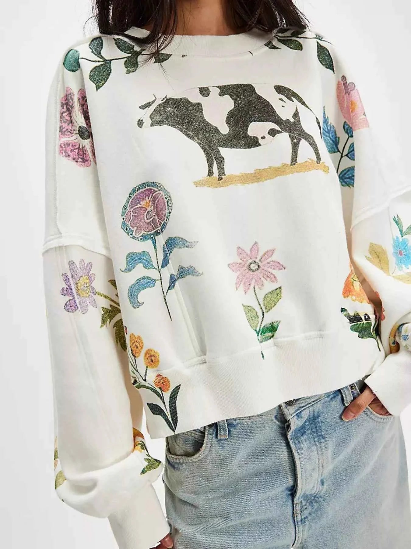 Printed Round Neck Dropped Shoulder Sweatshirt