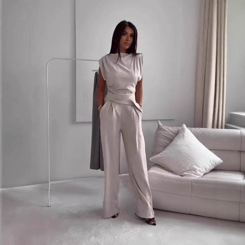 Sleeveless Slim Top And Straight Pants Solid Trouser Suit - Muselune