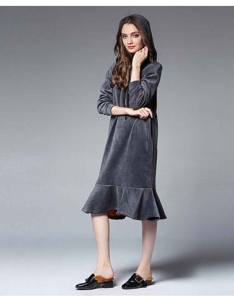 Long Hooded Velvet Bottoming Skirt