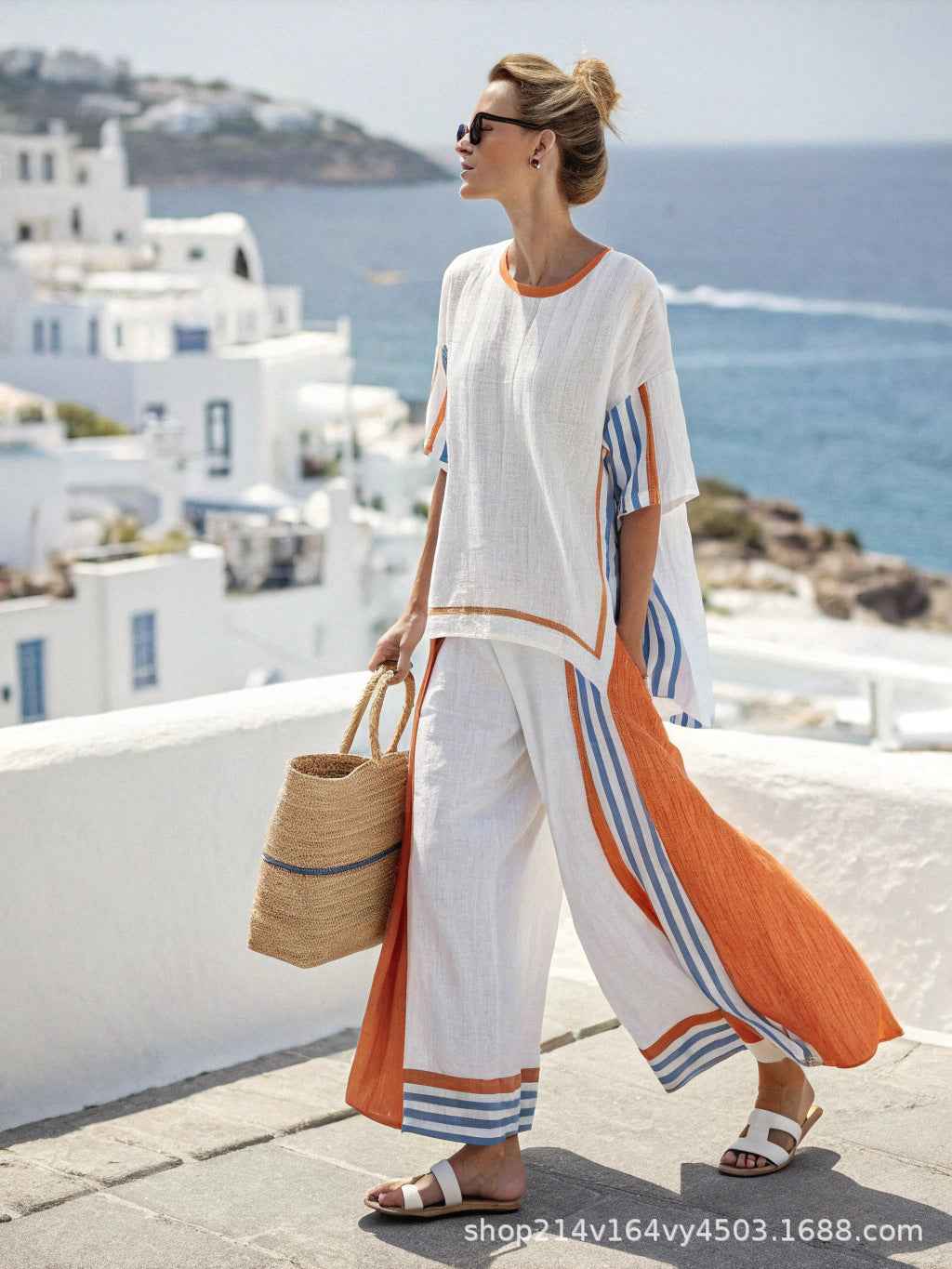 Striped Batwing Sleeve T-shirt and Pants Suit