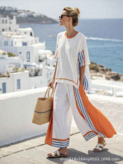Striped Batwing Sleeve T-shirt and Pants Suit