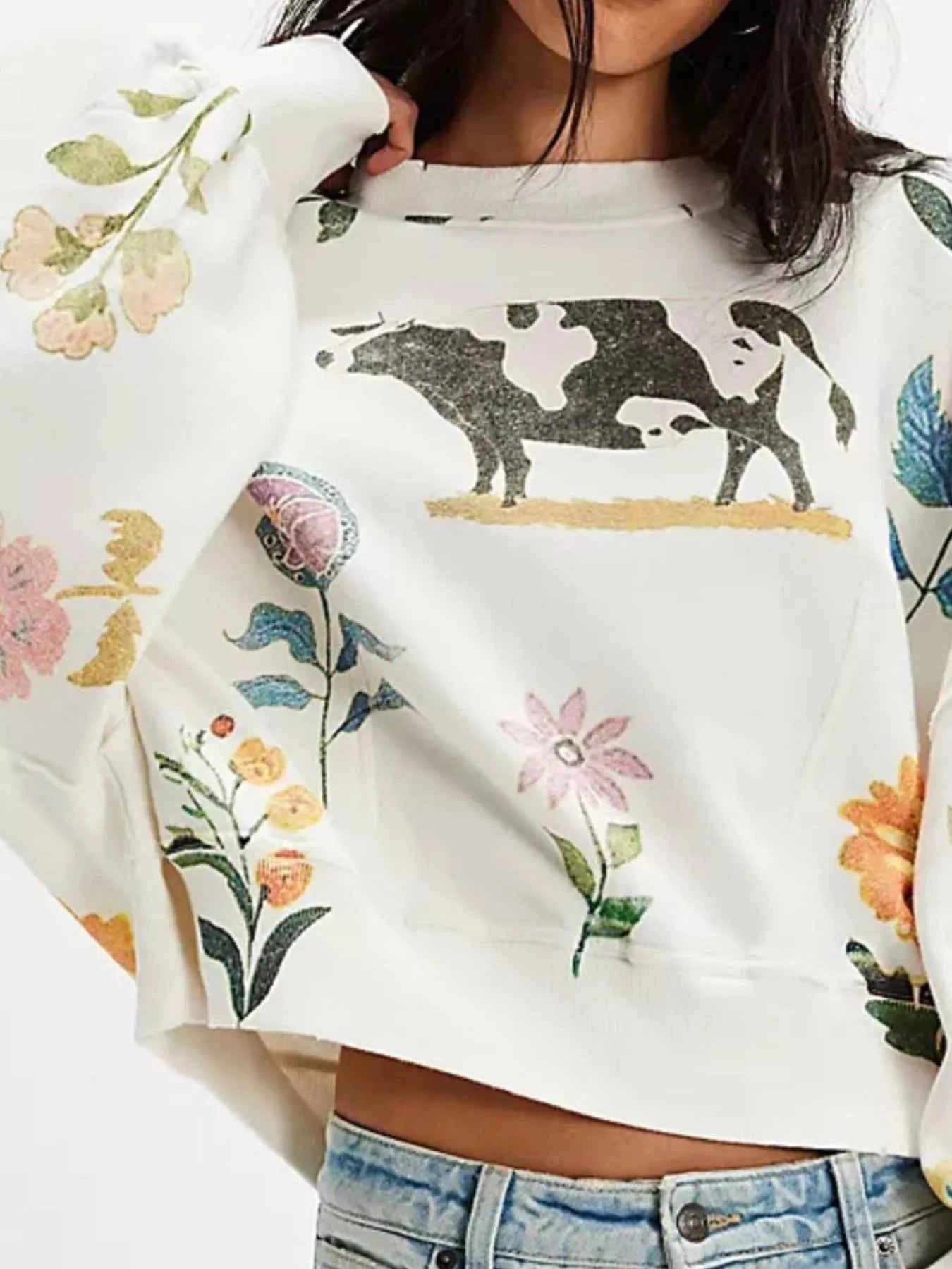 Printed Round Neck Dropped Shoulder Sweatshirt