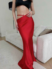 Solid Color Hollow-out Bodycon Maxi Skirt - Muselune