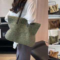 Large Capacity Woven With Zipper Beach Shoulder Bag - Muselune