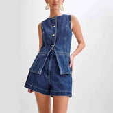 Denim Sleeveless Casual Suit: Stylish Top and Pants Set