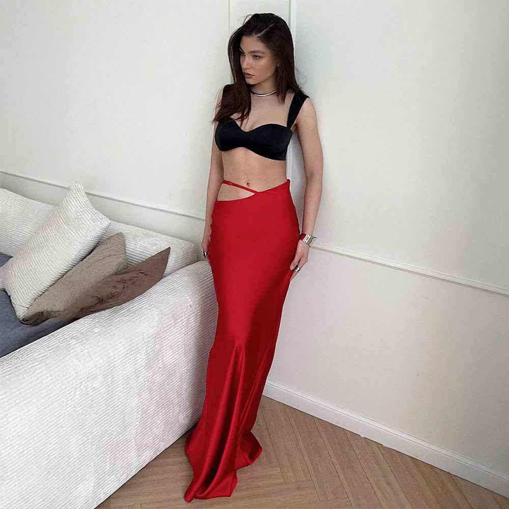Solid Color Hollow-out Bodycon Maxi Skirt - Muselune