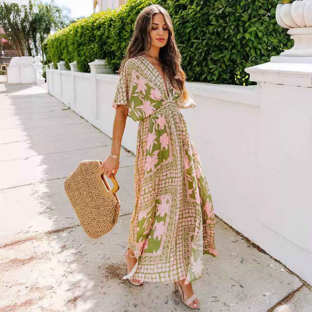 High Waist Batwing-Sleeve V-neck Printed Wear Dresses - Muselune
