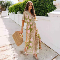 High Waist Batwing-Sleeve V-neck Printed Wear Dresses - Muselune