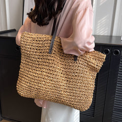 Large Capacity Woven With Zipper Beach Shoulder Bag - Muselune