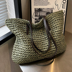 Large Capacity Woven With Zipper Beach Shoulder Bag - Muselune