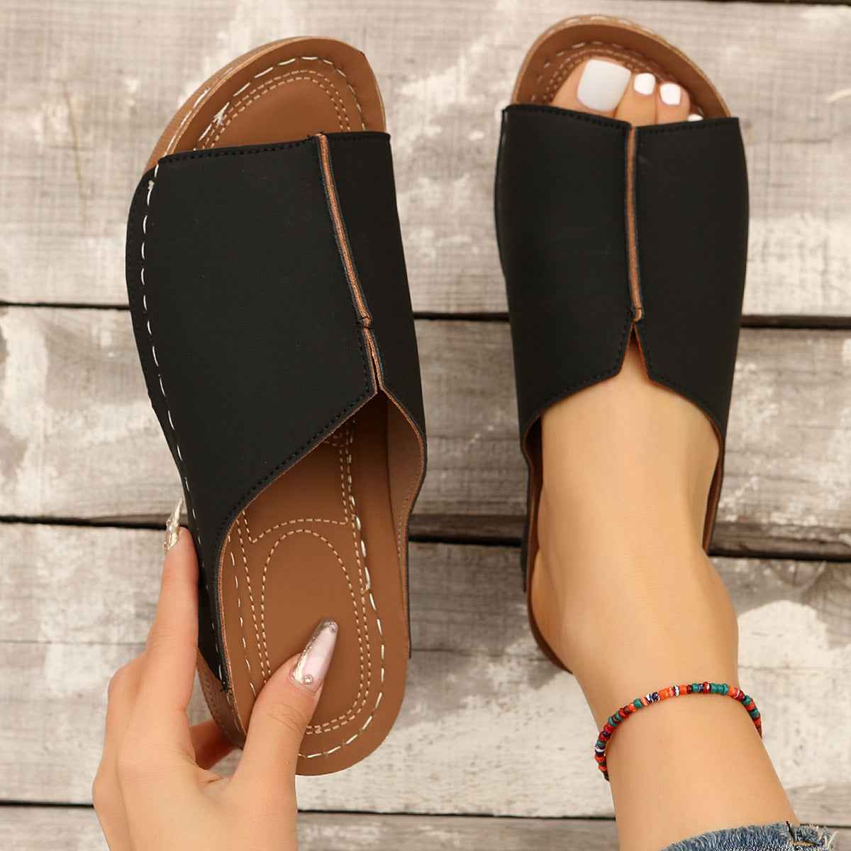 Summer Wedge Sandals – Peep-Toe, Thick Sole, Casual Outdoor Slides - Muselune