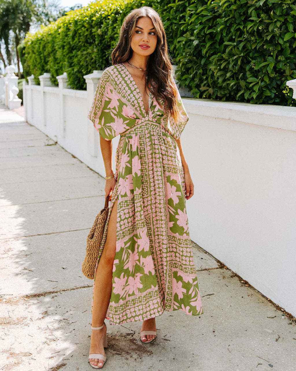 High Waist Batwing-Sleeve V-neck Printed Wear Dresses - Muselune