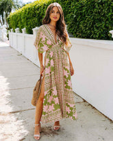 High Waist Batwing-Sleeve V-neck Printed Wear Dresses - Muselune