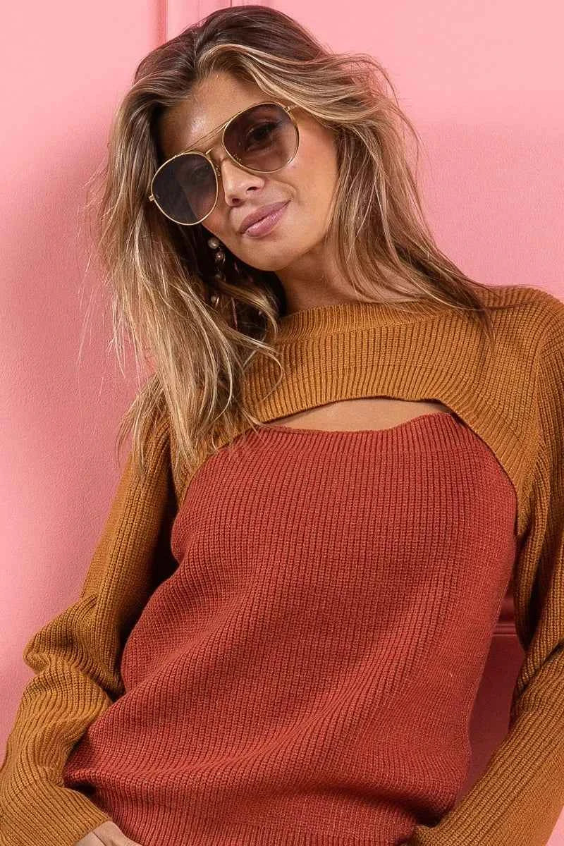 BiBi Color Block Sweater Knit Top With Cut Out Neck