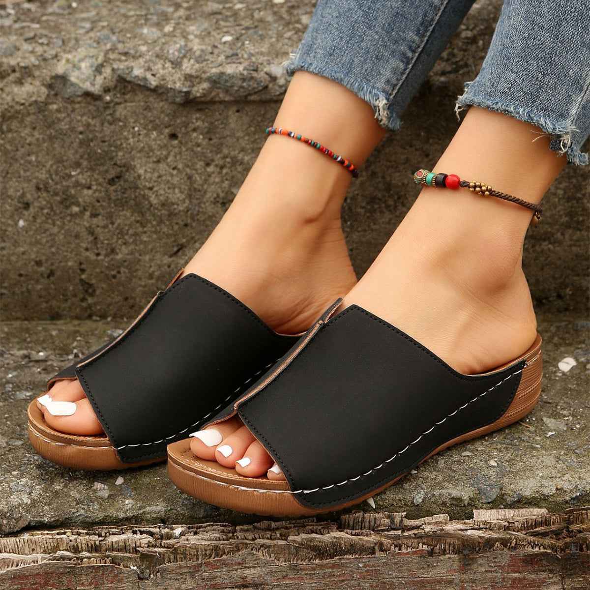 Summer Wedge Sandals – Peep-Toe, Thick Sole, Casual Outdoor Slides - Muselune