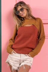 BiBi Color Block Sweater Knit Top With Cut Out Neck