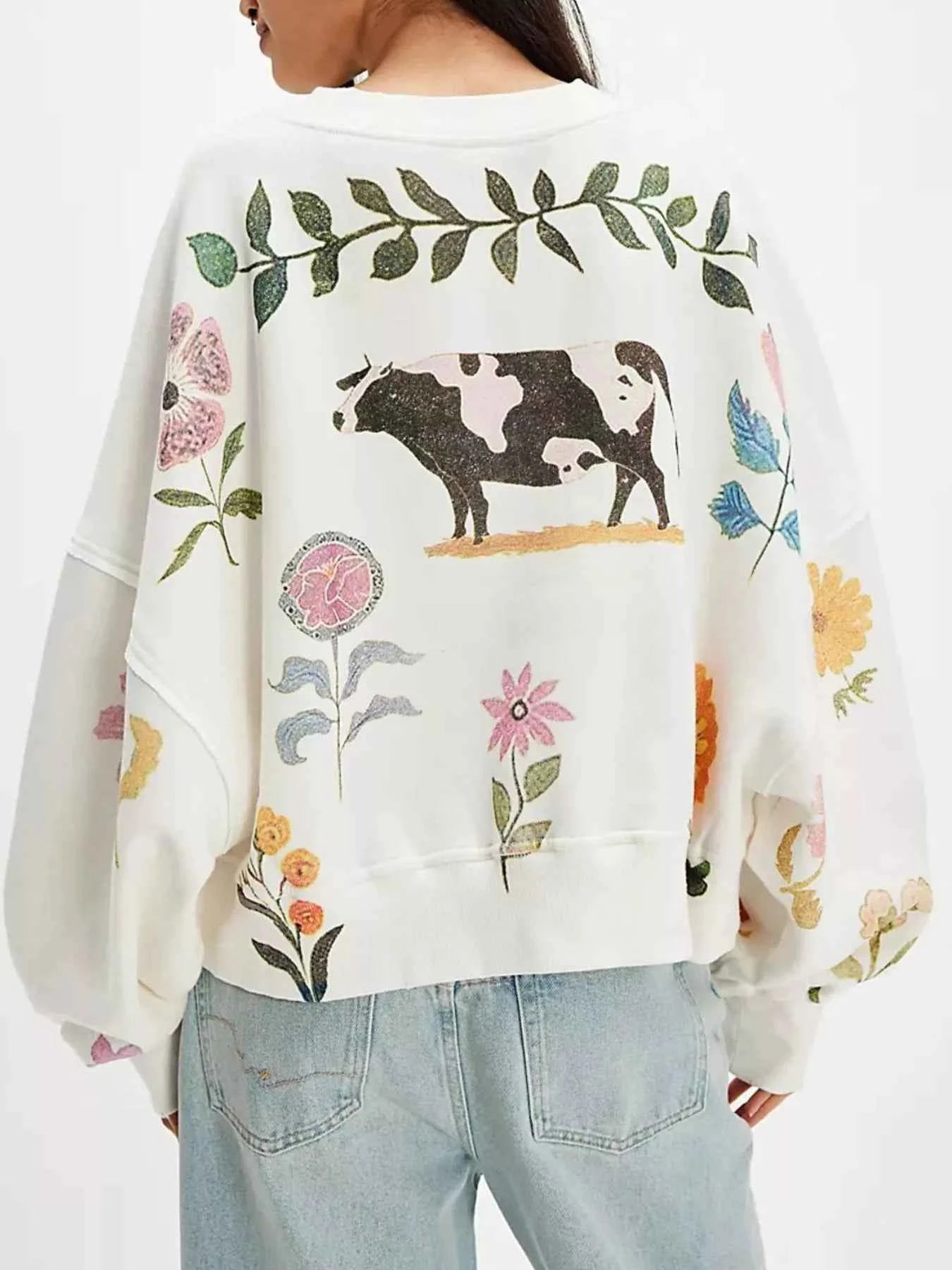 Printed Round Neck Dropped Shoulder Sweatshirt