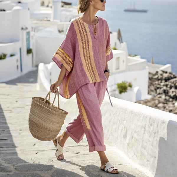 Striped Batwing Sleeve T-shirt and Pants Suit