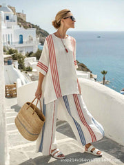 Striped Batwing Sleeve T-shirt and Pants Suit