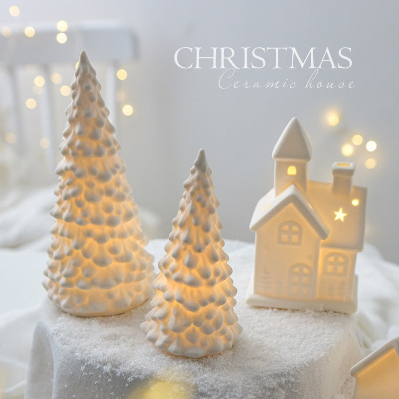 Ceramic Christmas Tree Desktop Decoration Luminous Christmas Small House Christmas Snowman Muselune