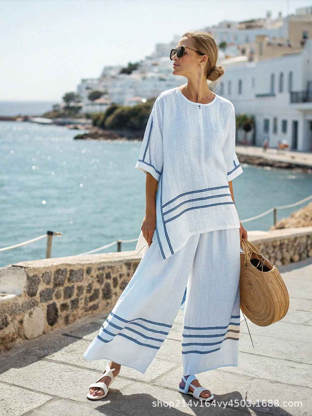 Striped Batwing Sleeve T-shirt and Pants Suit