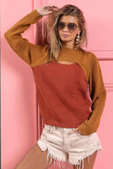 BiBi Color Block Sweater Knit Top With Cut Out Neck